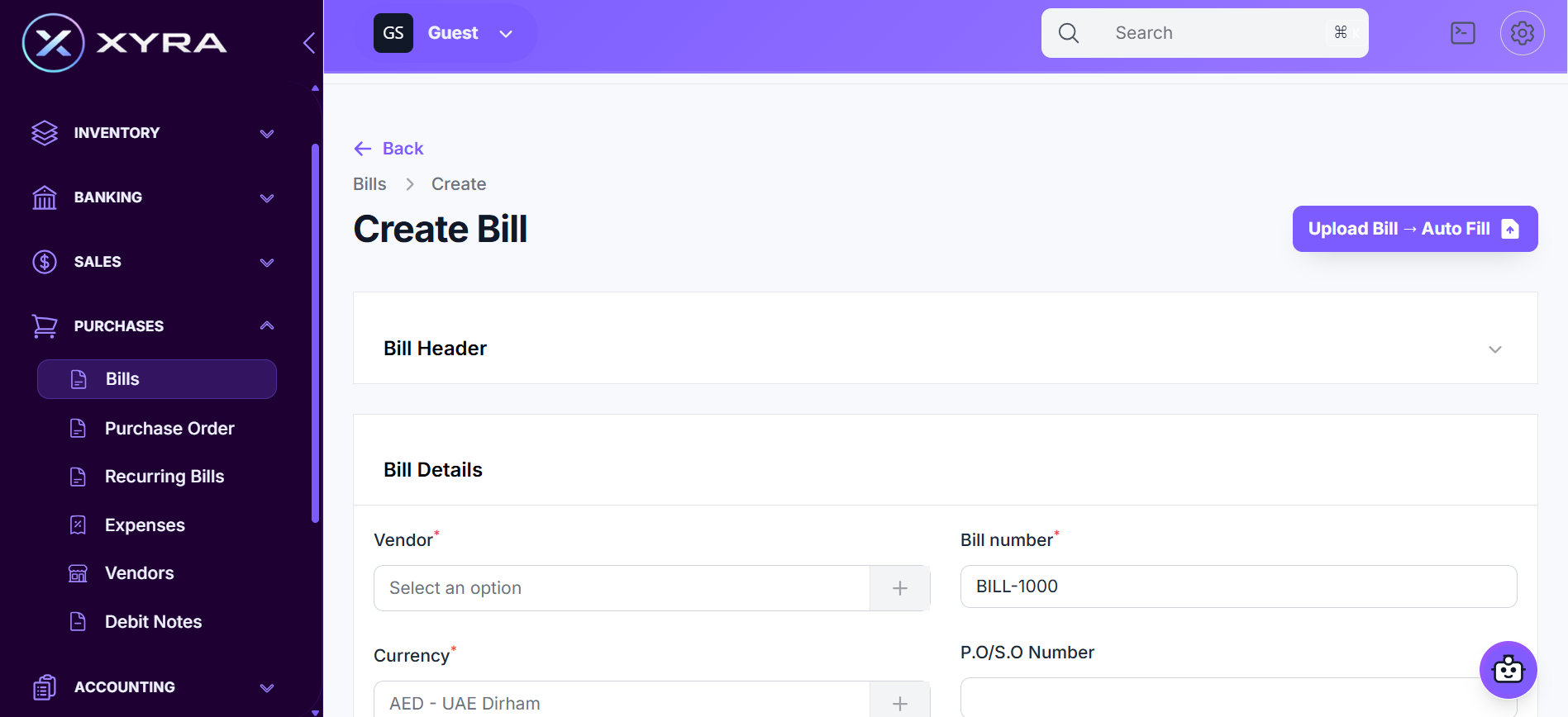 Live Tracking — Create bill with auto-fill