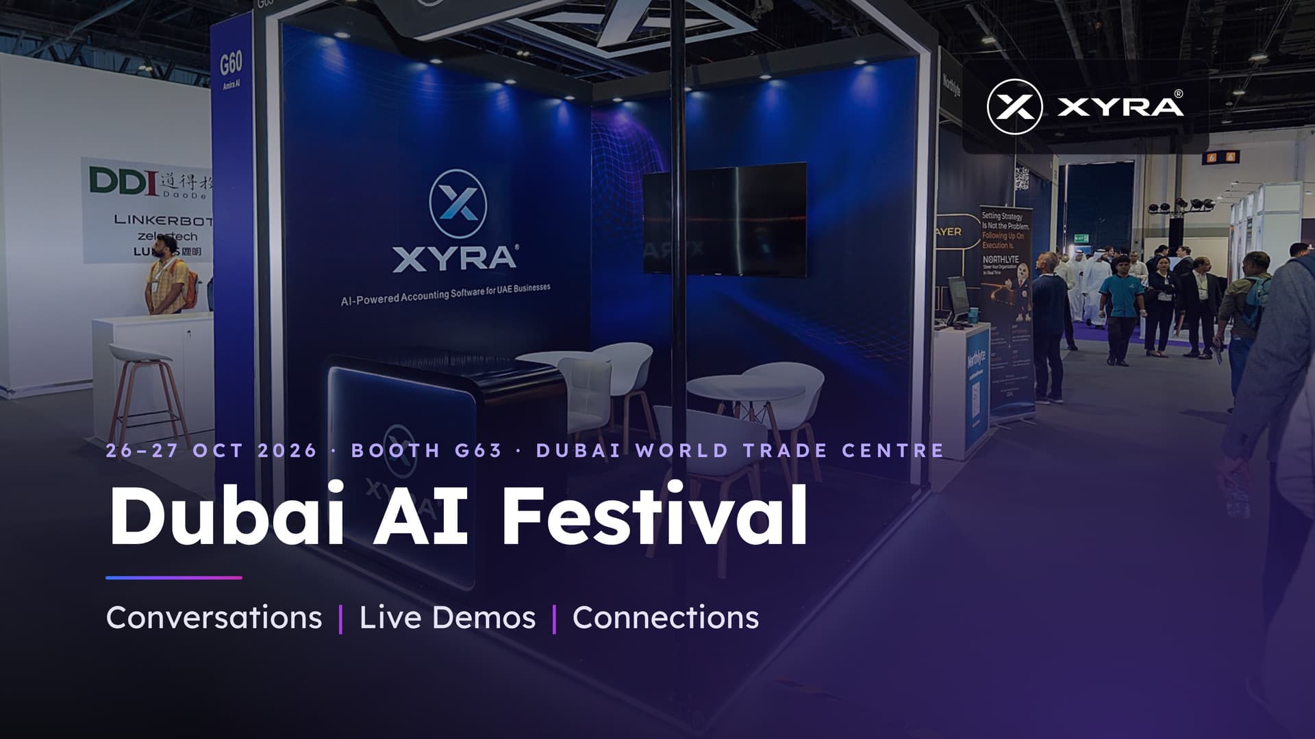 The XYRA booth G63 at Dubai AI Festival 2026, Dubai World Trade Centre.