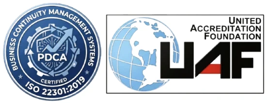 ISO 22301:2019 Business Continuity Management Systems certification mark with United Accreditation Foundation (UAF) logo