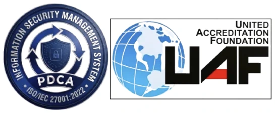 ISO/IEC 27001:2022 Information Security Management System certification mark with United Accreditation Foundation (UAF) logo