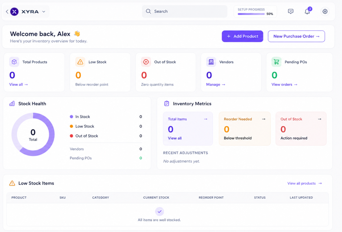 XYRA dashboard showing stock health, inventory metrics and low stock items